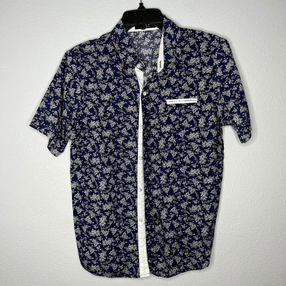 SSLR Men's Collection Blue Collared White Floral Button-Up  Shirt  Size S
